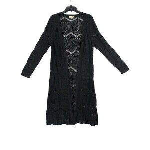 OneWorld BOHO Black Crochet Open Front Whimsy goth Long Cardigan  Women M